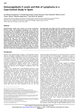 Immunoglobulin E Levels and Risk of Lymphoma in a Case-Control Study in Spain