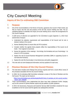 City Council Meeting Inquiry of the Co-Ordinating O&S Committee