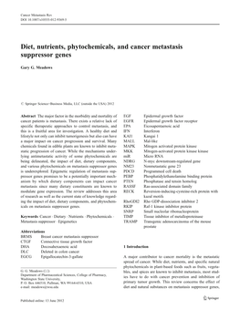 Diet, Nutrients, Phytochemicals, and Cancer Metastasis Suppressor Genes