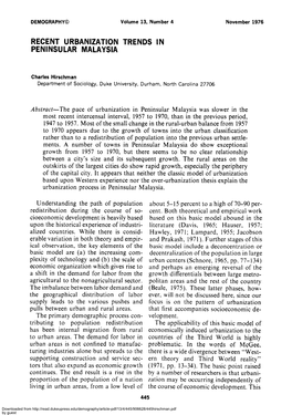 Recent Urbanization Trends in Peninsular Malaysia