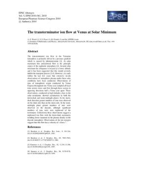 The Transterminator Ion Flow at Venus at Solar Minimum