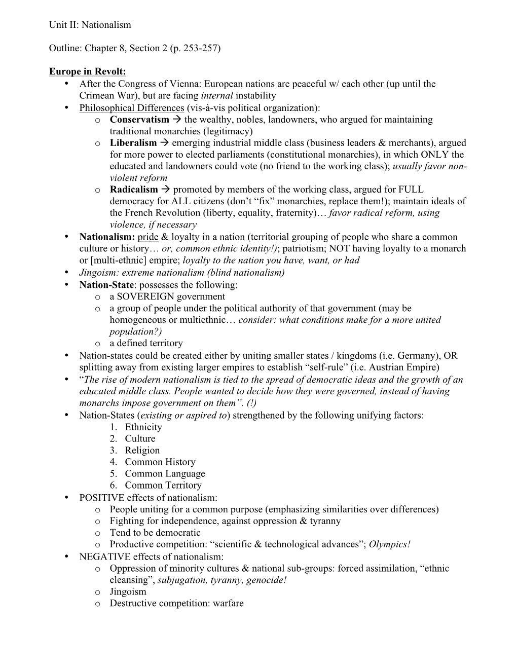 Unit II: Nationalism Outline: Chapter 8, Section 2 (P. 253-257) Europe In