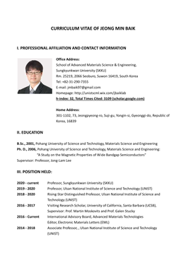 Curriculum Vitae of Jeong Min Baik