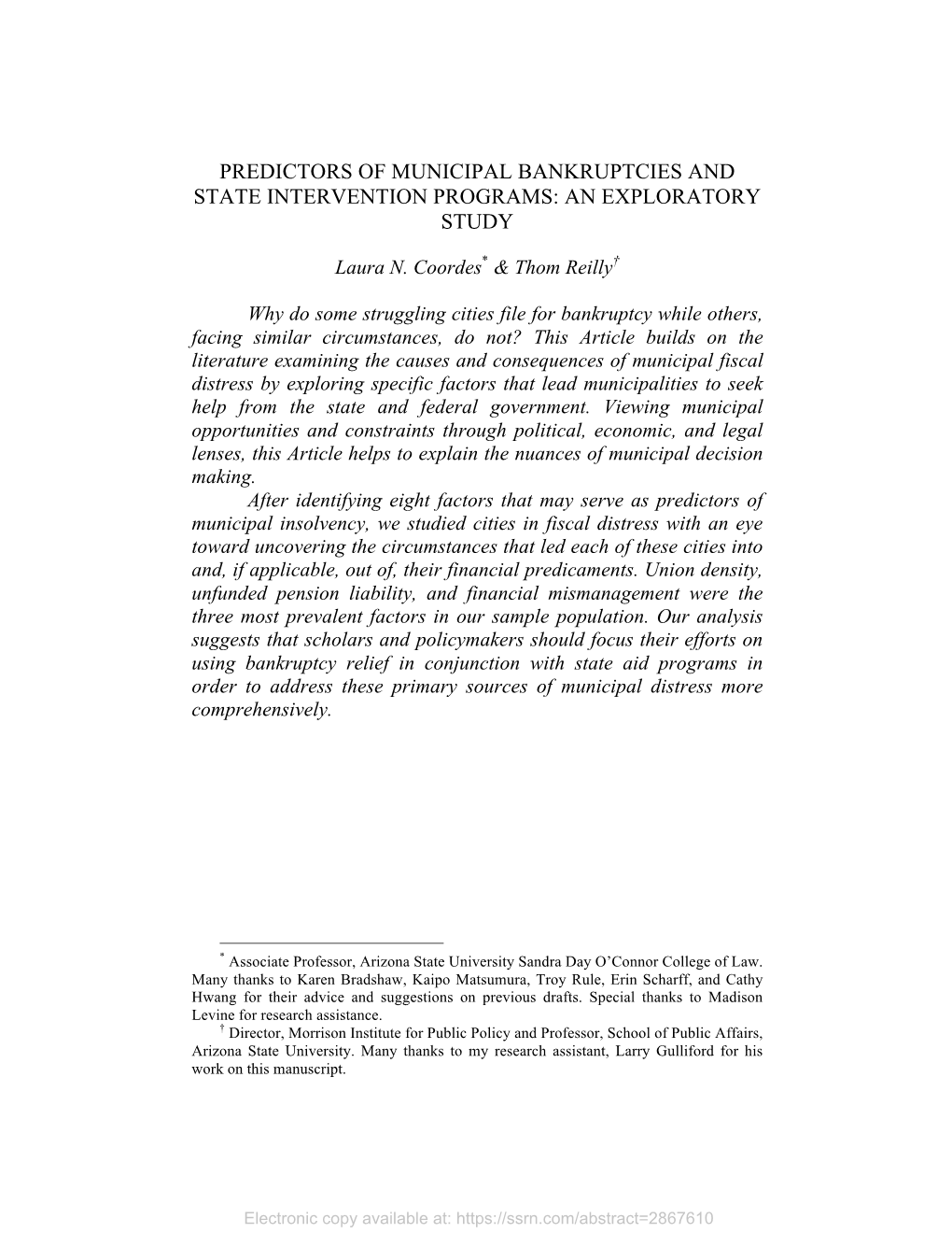 Predictors of Municipal Bankruptcies and State Intervention Programs: an Exploratory Study