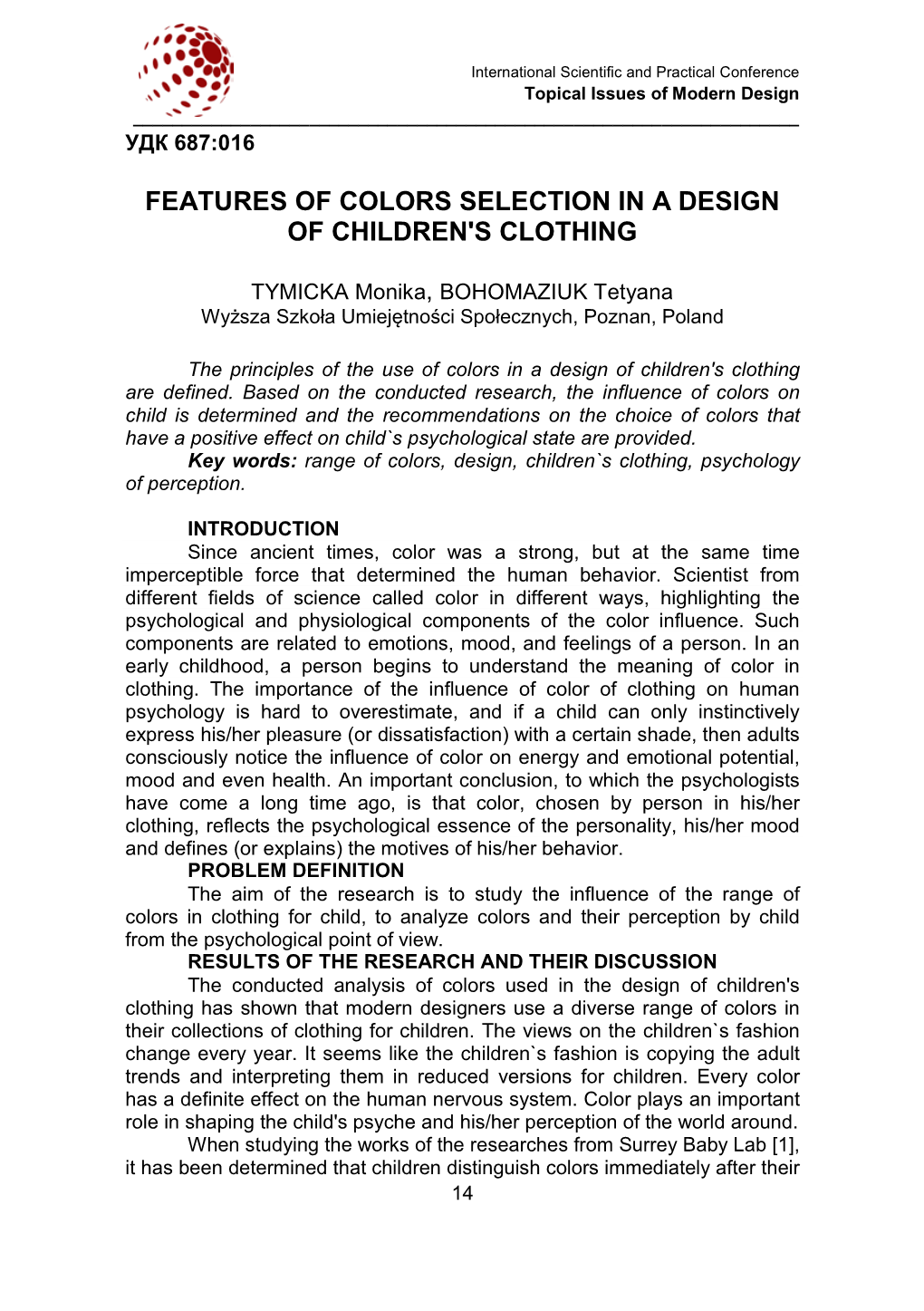 Features of Colors Selection in a Design of Children's Clothing