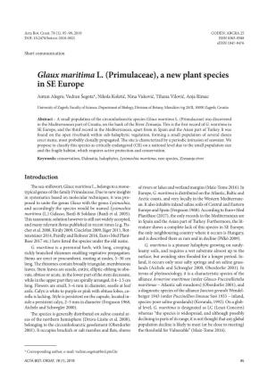 Glaux Maritima L. (Primulaceae), a New Plant Species in SE Europe Antun Alegro, Vedran Šegota*, Nikola Koletić, Nina Vuković, Tihana Vilović, Anja Rimac