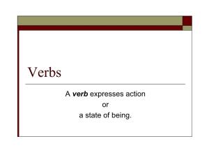 A Verb Expresses Action Or a State of Being. Verbs Are Classified in 3 Ways