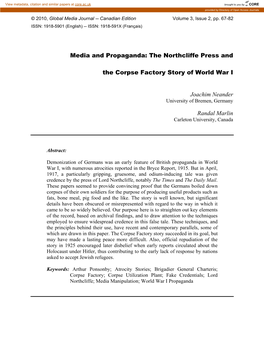 Media and Propaganda: the Northcliffe Press and the Corpse Factory Story of World War I