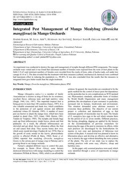 Integrated Pest Management of Mango Mealybug (Drosicha Mangiferae) in Mango Orchards