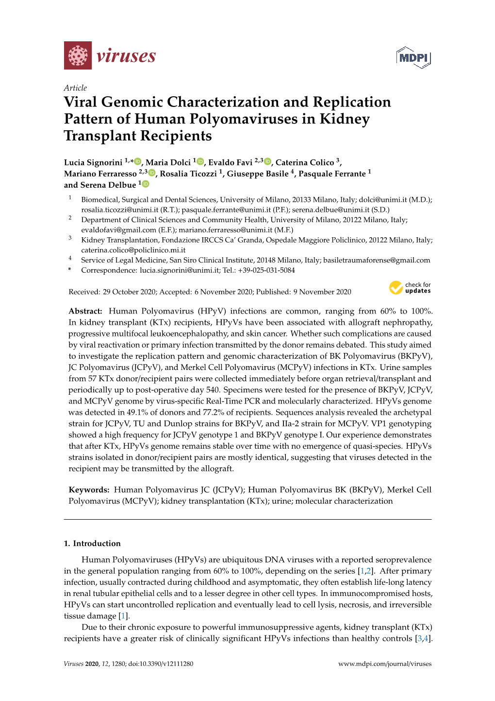 Viral Genomic Characterization and Replication Pattern of Human Polyomaviruses in Kidney Transplant Recipients