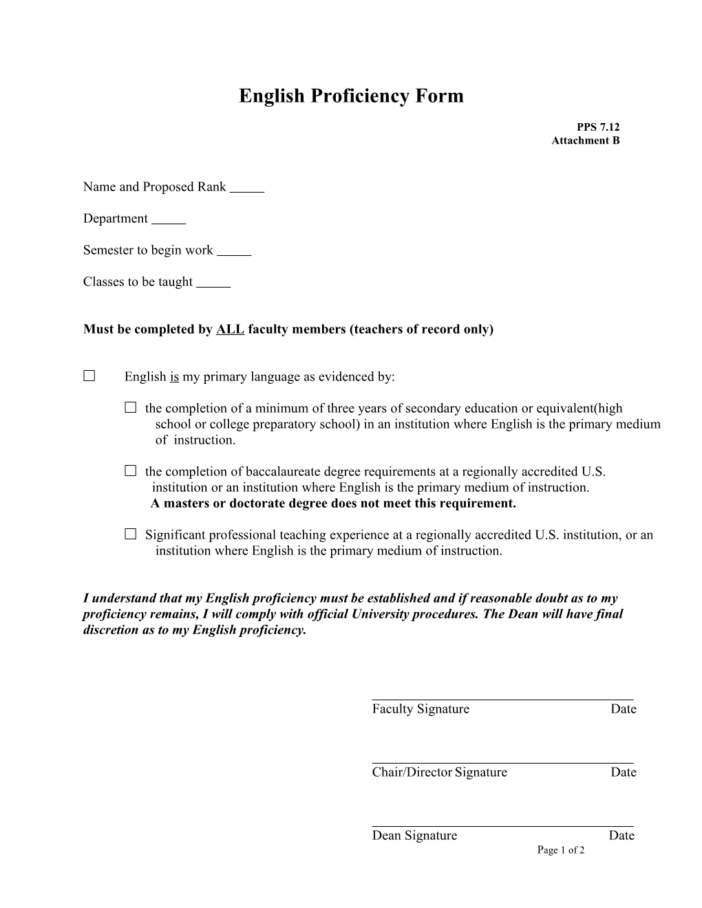 English Proficiency Form