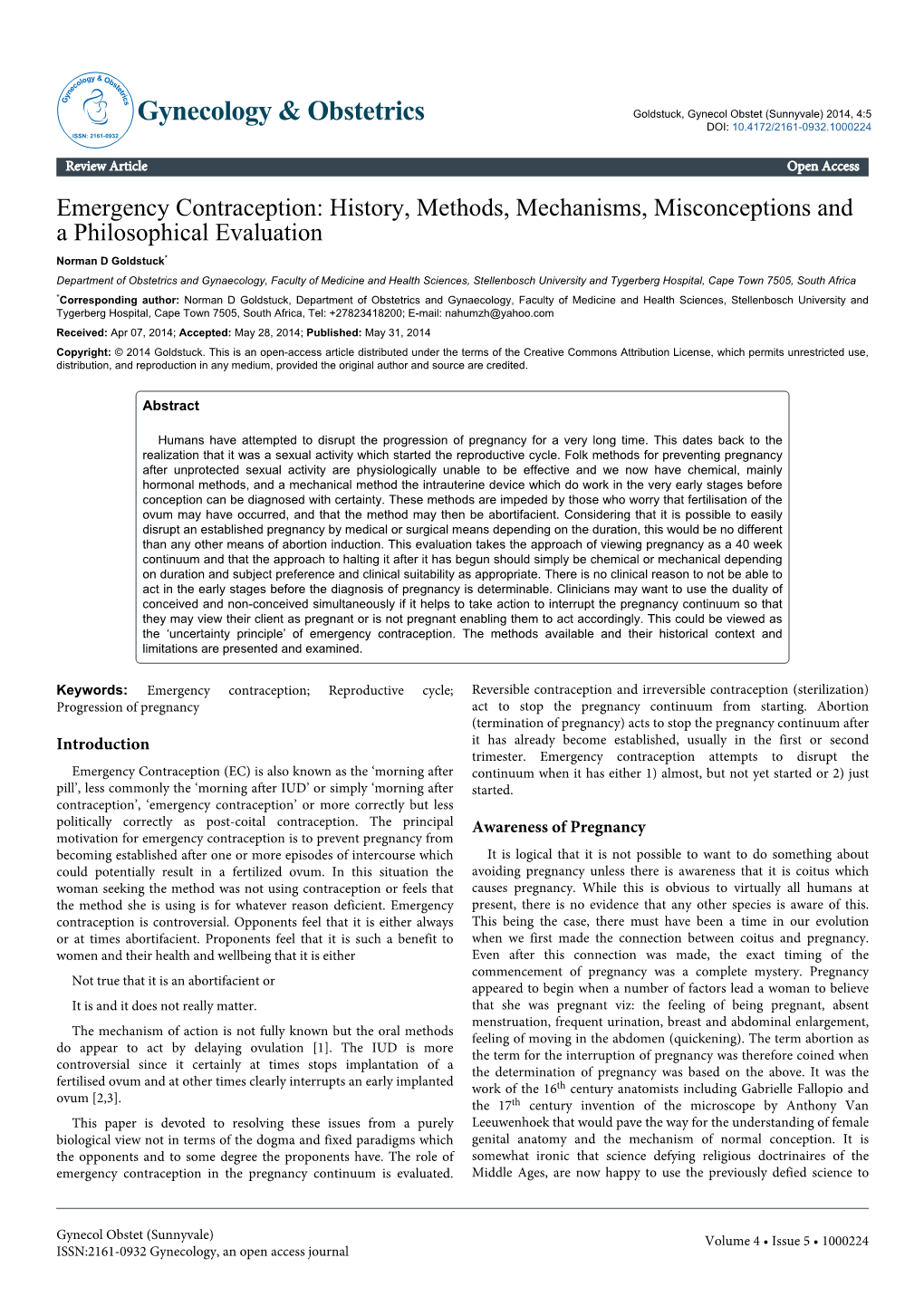 Emergency Contraception: History, Methods, Mechanisms, Misconceptions and a Philosophical Evaluation