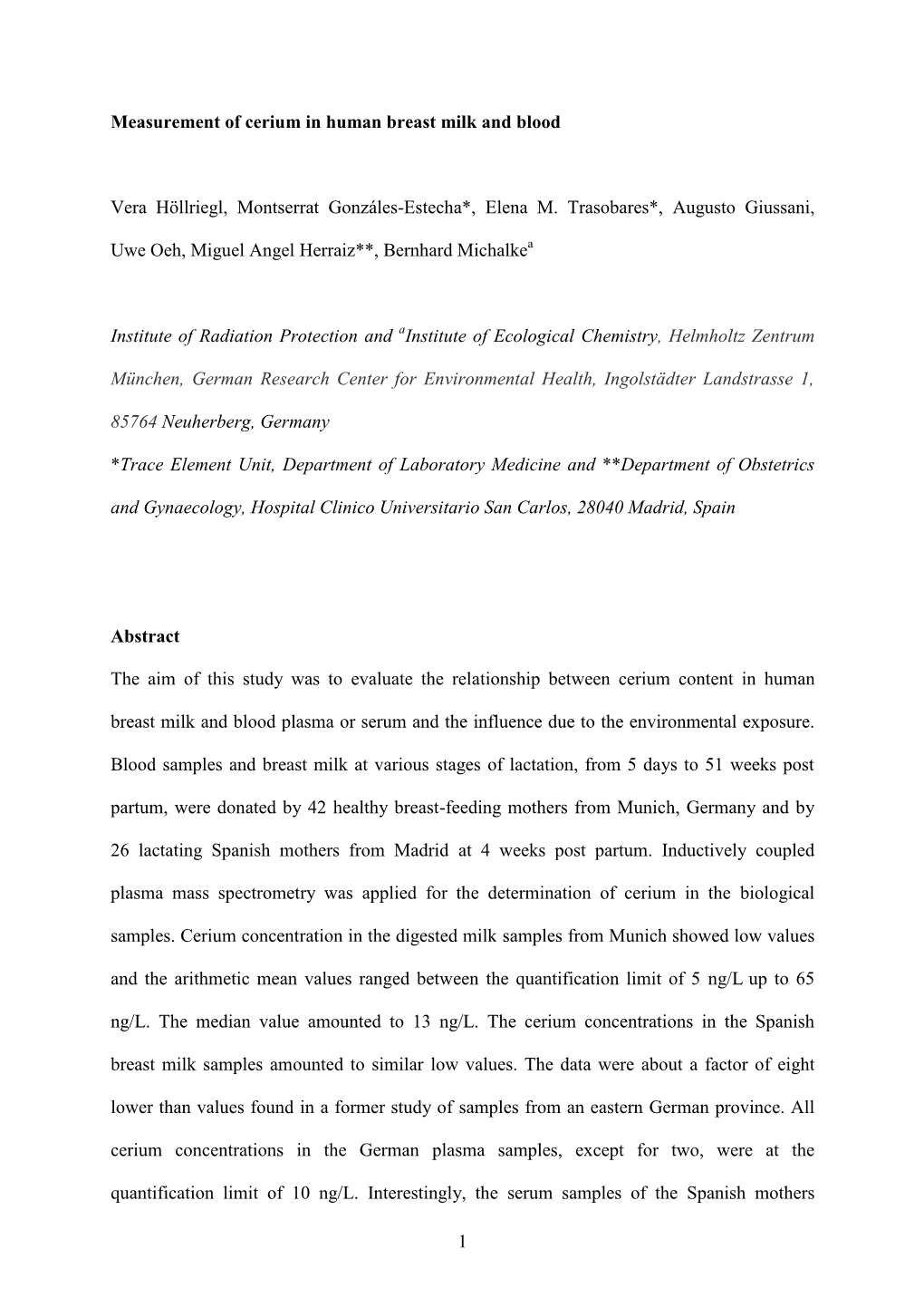 Measurement of Cerium in Human Breast Milk and Blood