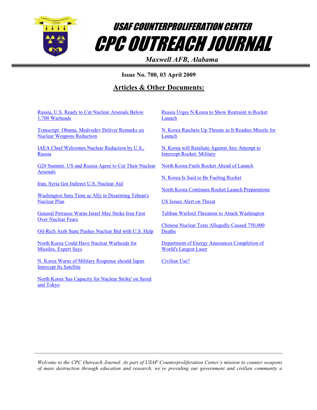 USAF Counterproliferation Center CPC Outreach Journal #700