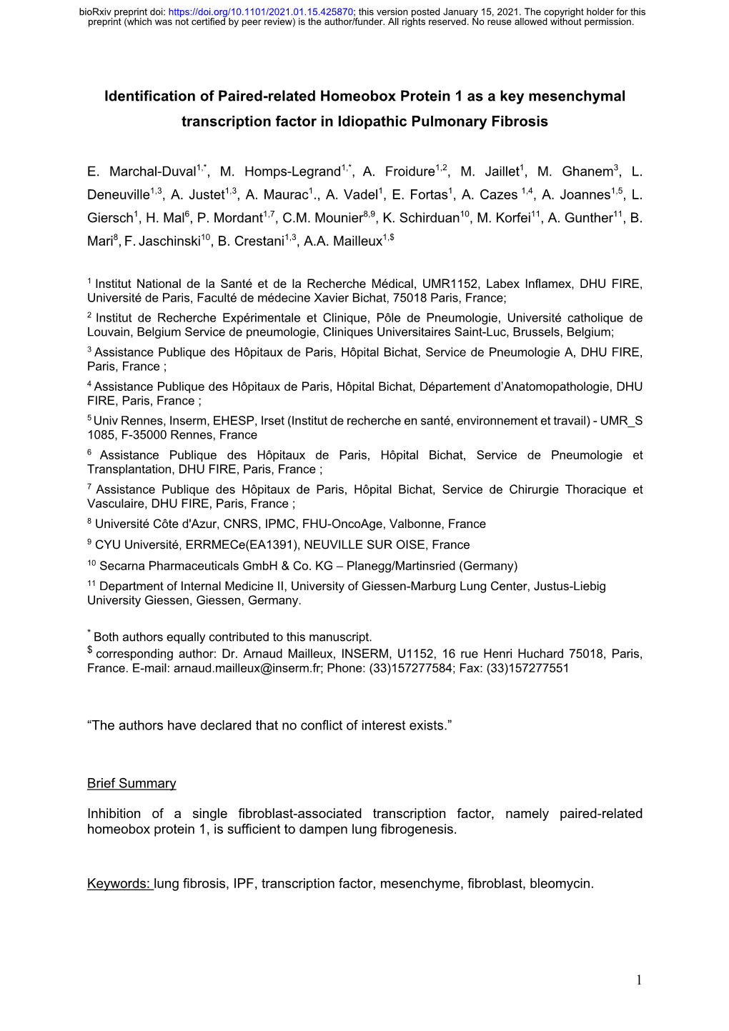 Identification of Paired-Related Homeobox Protein 1 As a Key Mesenchymal Transcription Factor in Idiopathic Pulmonary Fibrosis