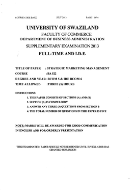 University of Swaziland Faculty of Commerce Department of Business Administration Supplementary Examination 2013 Full-Time and I.D.E