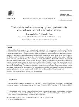 Test Anxiety and Metamemory: General Preference for External Over Internal Information Storage