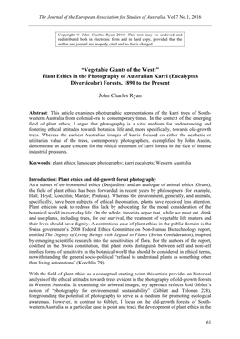 Plant Ethics in the Photography of Australian Karri (Eucalyptus Diversicolor) Forests, 1890 to the Present