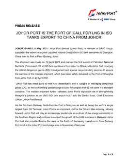Johor Port Is the Port of Call for Lng in Iso Tanks Export to China from Johor