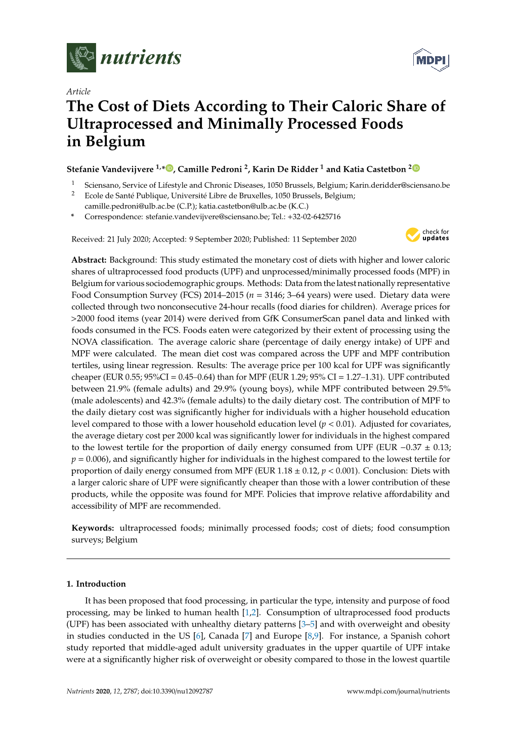 The Cost of Diets According to Their Caloric Share of Ultraprocessed and Minimally Processed Foods in Belgium