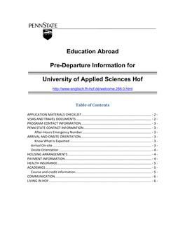 Education Abroad Pre-Departure Information for University of Applied Sciences