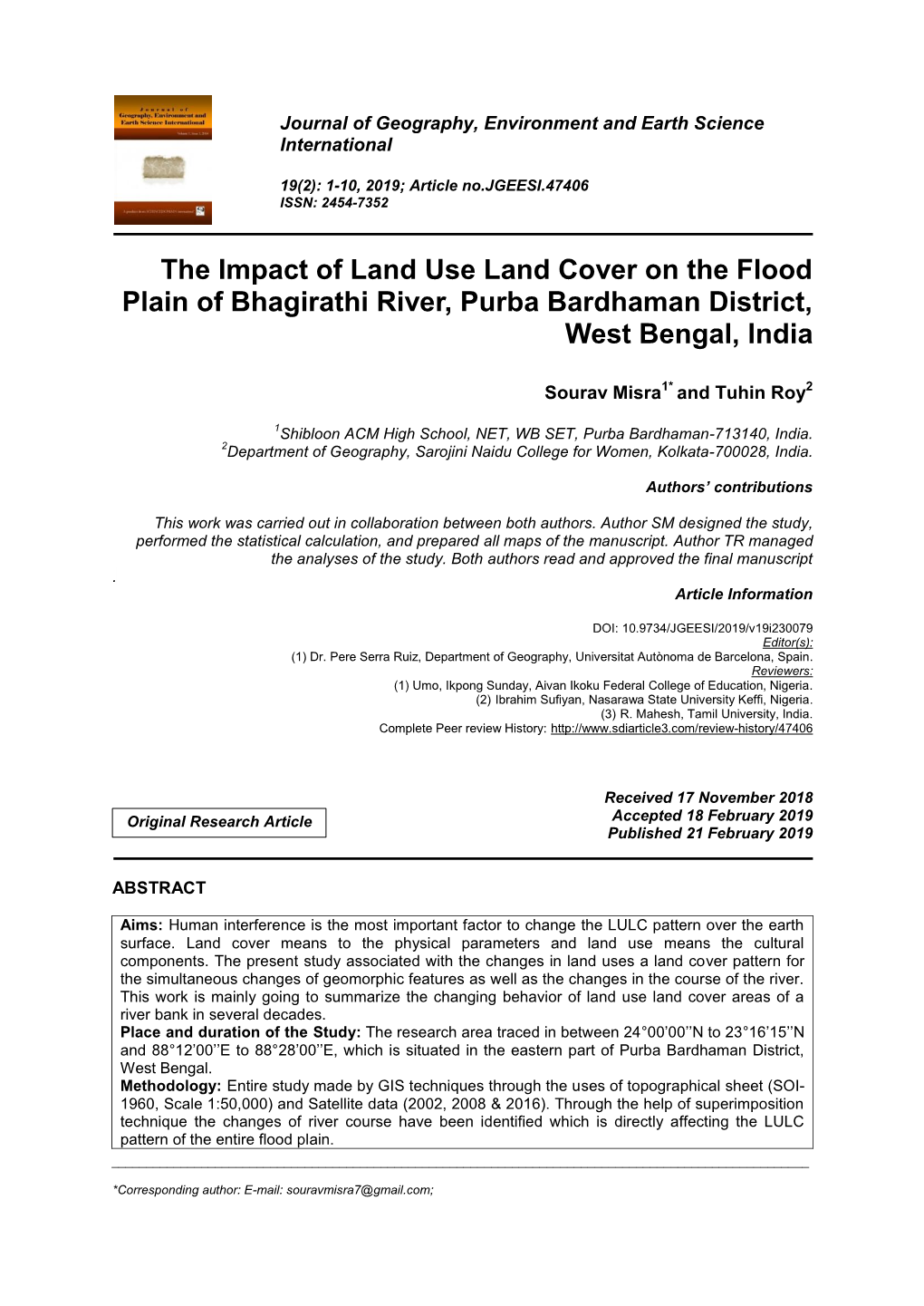 The Impact of Land Use Land Cover on the Flood Plain of Bhagirathi River, Purba Bardhaman District, West Bengal, India