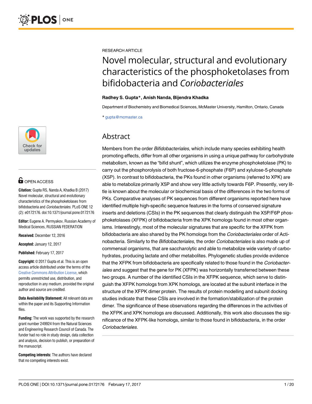 Novel Molecular, Structural and Evolutionary Characteristics of the Phosphoketolases from Bifidobacteria and Coriobacteriales