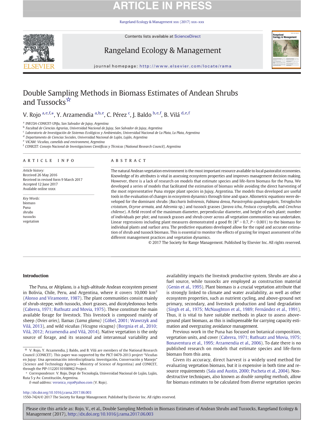 Double Sampling Methods in Biomass Estimates of Andean Shrubs and Tussocks, Rangeland Ecology & Management (2017), 2 V