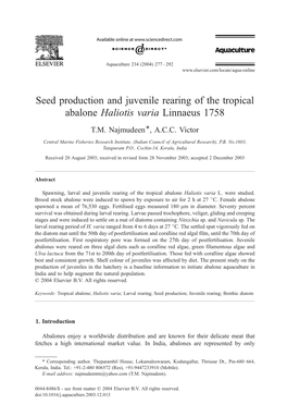 Seed Production and Juvenile Rearing of the Tropical Abalone Haliotis Varia Linnaeus 1758