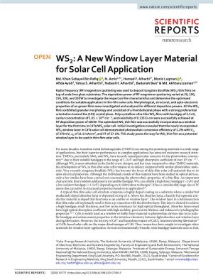 WS2: a New Window Layer Material for Solar Cell Application Md