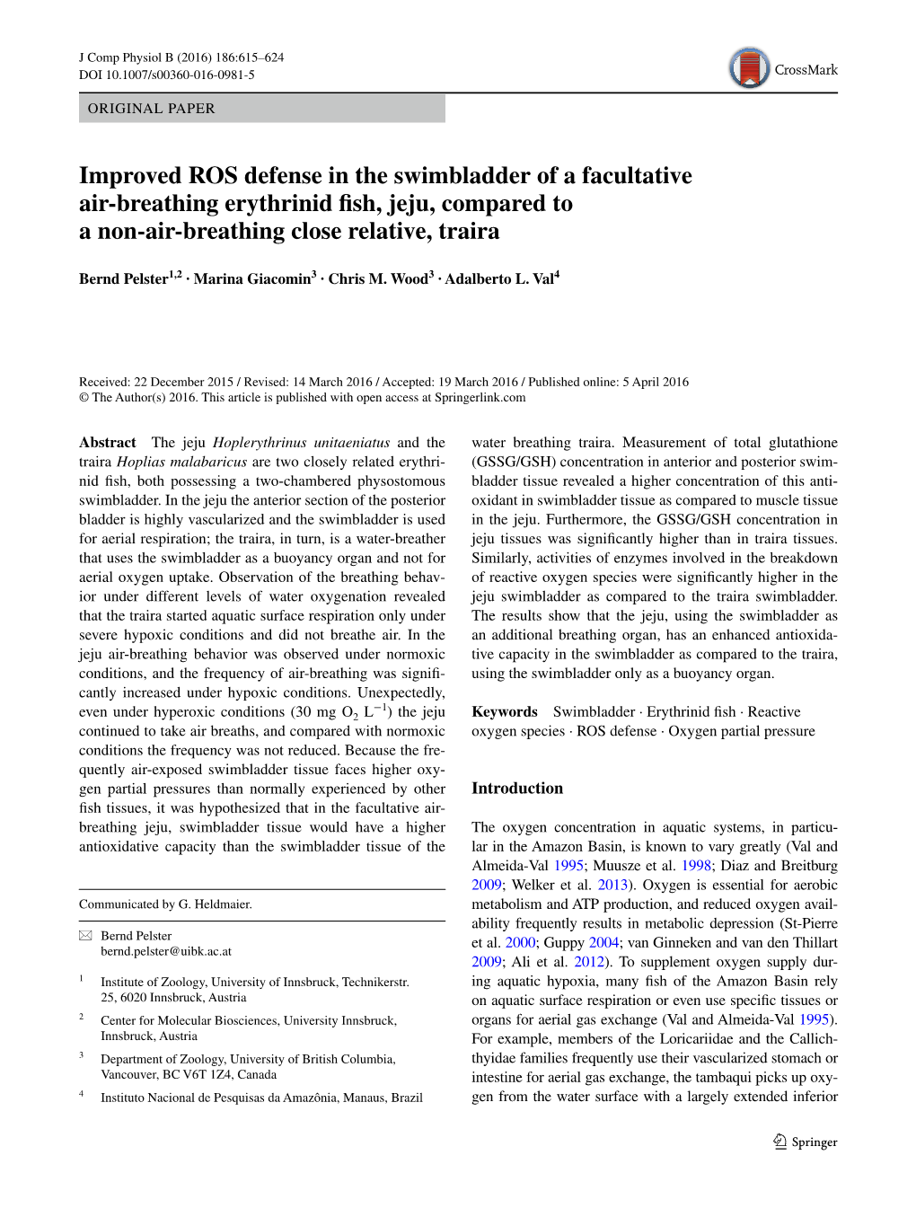 Improved ROS Defense in the Swimbladder of a Facultative Air‑Breathing Erythrinid Fish, Jeju, Compared to a Non‑Air‑Breathing Close Relative, Traira