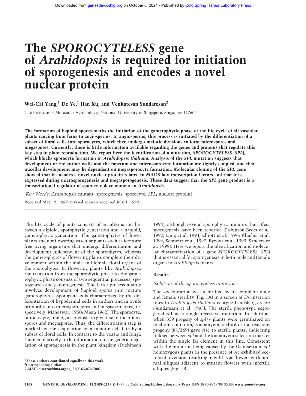 The SPOROCYTELESS Gene of Arabidopsis Is Required for Initiation of Sporogenesis and Encodes a Novel Nuclear Protein