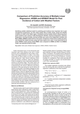 Comparison of Prediction Accuracy of Multiple Linear Regression, ARIMA and ARIMAX Model for Pest Incidence of Cotton with Weather Factors