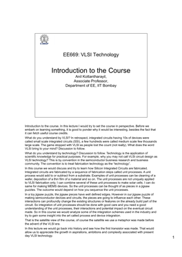 Introduction to the Course. in This Lecture I Would Try to Set the Course in Perspective