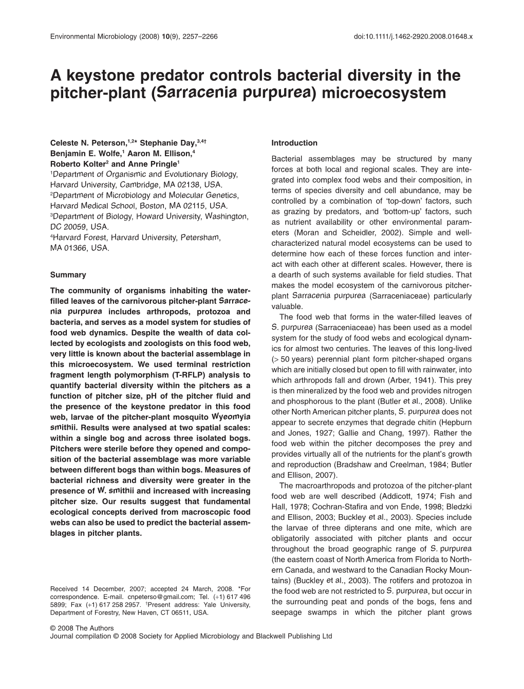 A Keystone Predator Controls Bacterial Diversity in the Pitcher-Plant (Sarracenia Purpurea) Microecosystem