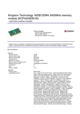 Kingston Technology 16GB DDR4 2400Mhz Memory Module (KCP424SD8/16) 16GB DDR4 2400Mhz SODIMM