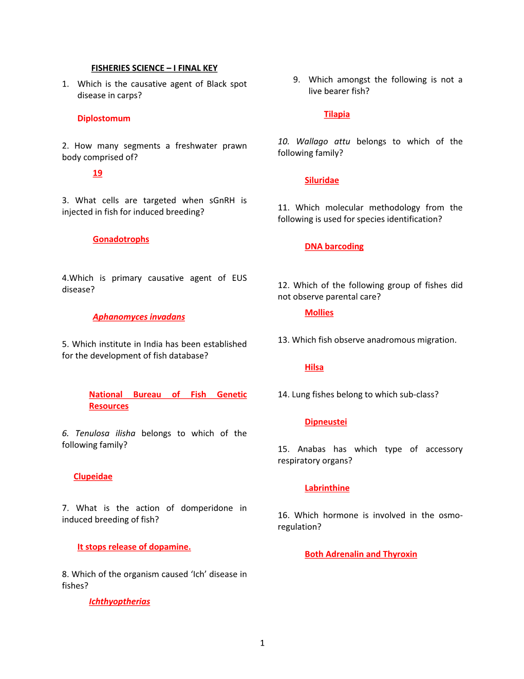 I FINAL KEY 1. Which Is the Causative Agent of Black Spot Disease in Carps?