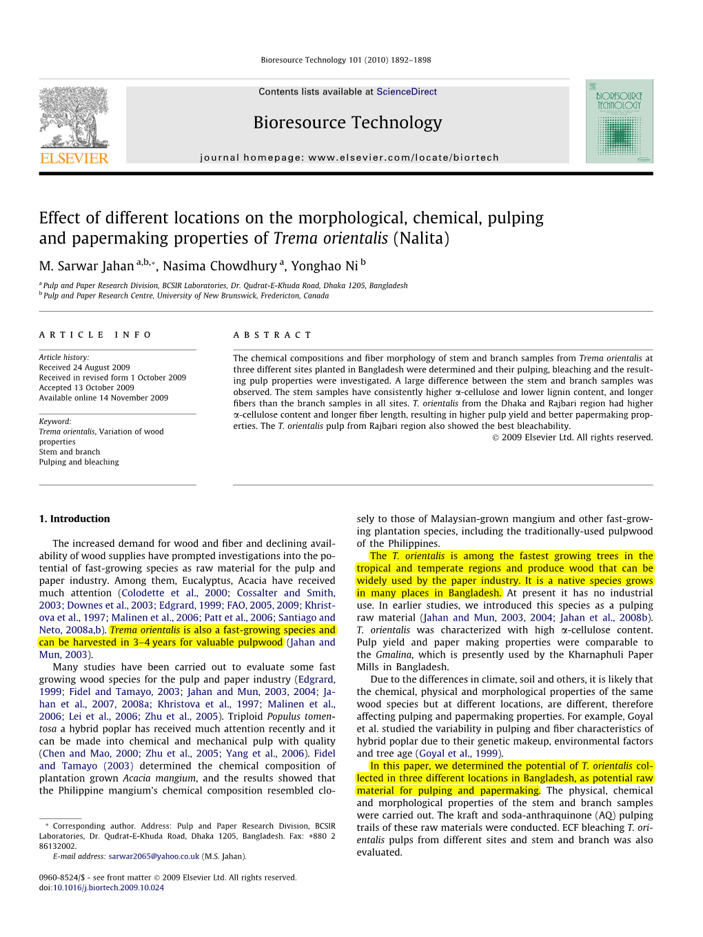 Effect of Different Locations on the Morphological, Chemical, Pulping and Papermaking Properties of Trema Orientalis (Nalita)