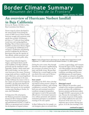 Border Climate Summary Resumen Del Clima De La Frontera Issued: January 15, 2009 an Overview of Hurricane Norbert Landfall in Baja California by Luis M