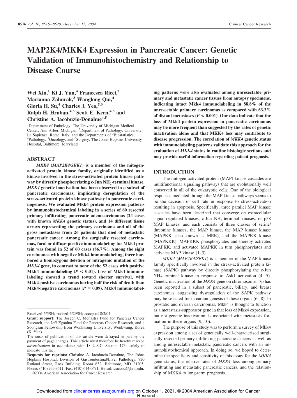 MAP2K4/MKK4 Expression in Pancreatic Cancer: Genetic Validation of Immunohistochemistry and Relationship to Disease Course