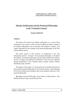 Muslim Intellectuals and the Perennial Philosophy in the Twentieth Century1