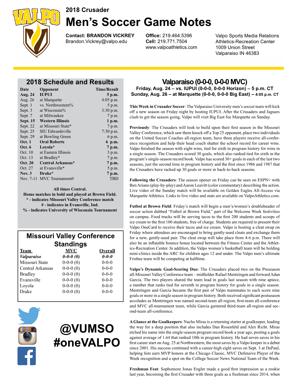 Men's Soccer Game Notes @VUMSO #Onevalpo