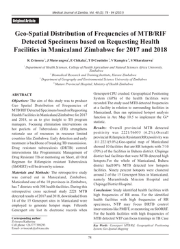 Geo-Spatial Distribution of Frequencies of MTB/RIF Detected Specimens Based on Requesting Health Facilities in Manicaland Zimbabwe for 2017 and 2018