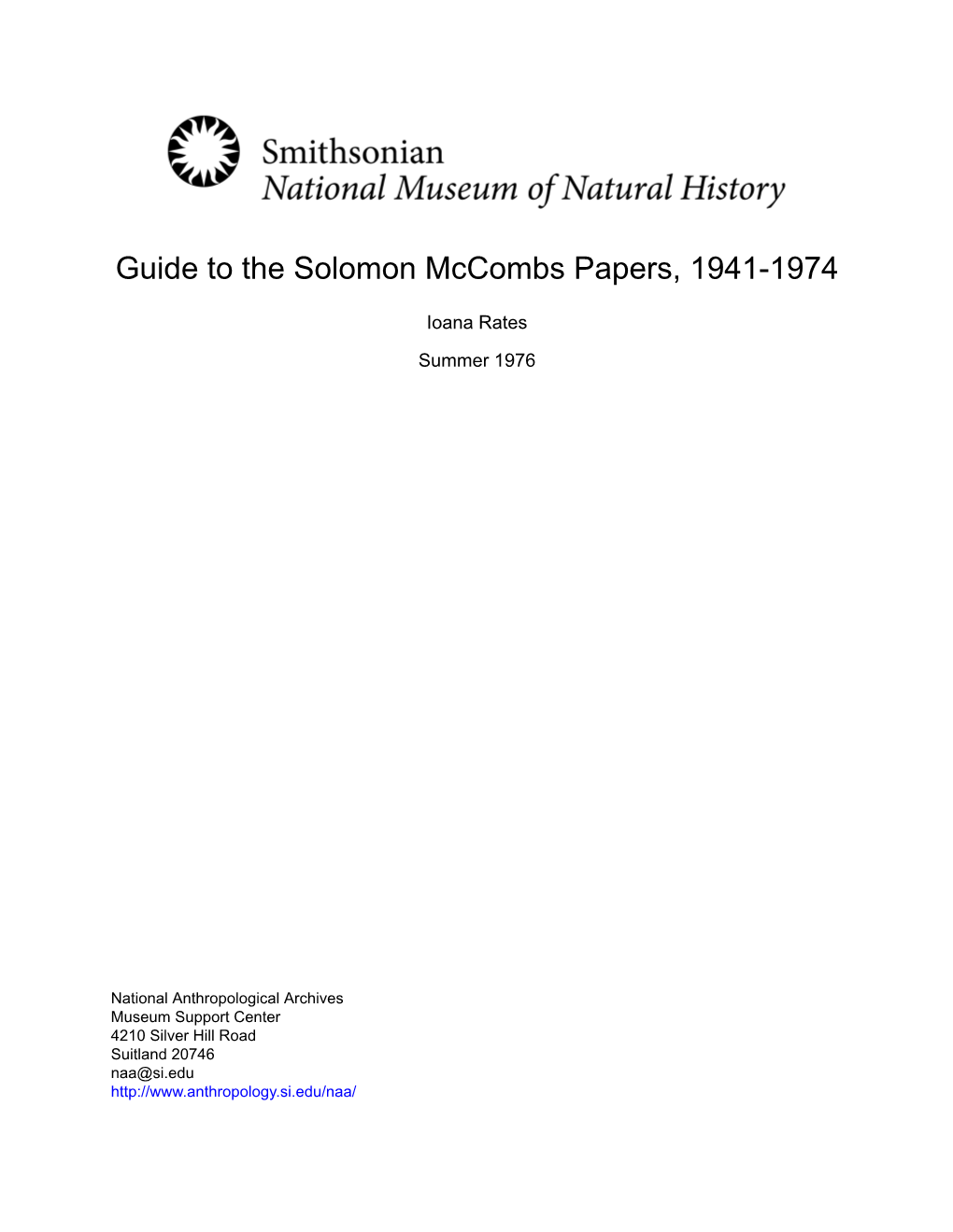 Guide to the Solomon Mccombs Papers, 1941-1974