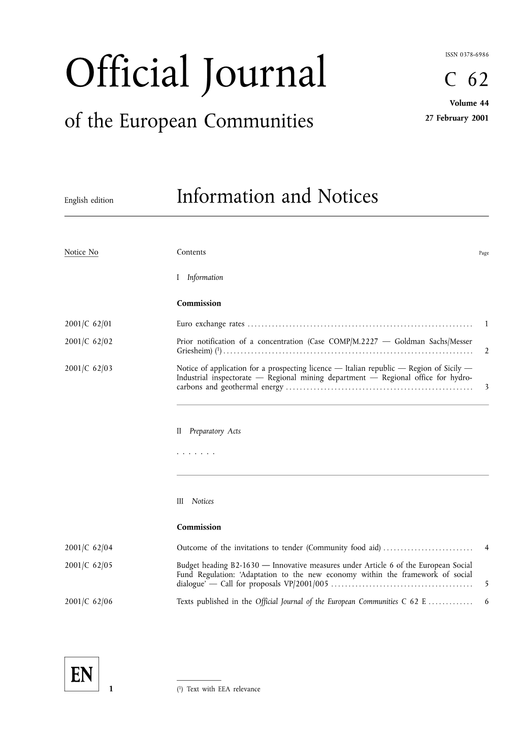 Official Journal C62 Volume 44 of the European Communities 27 February 2001