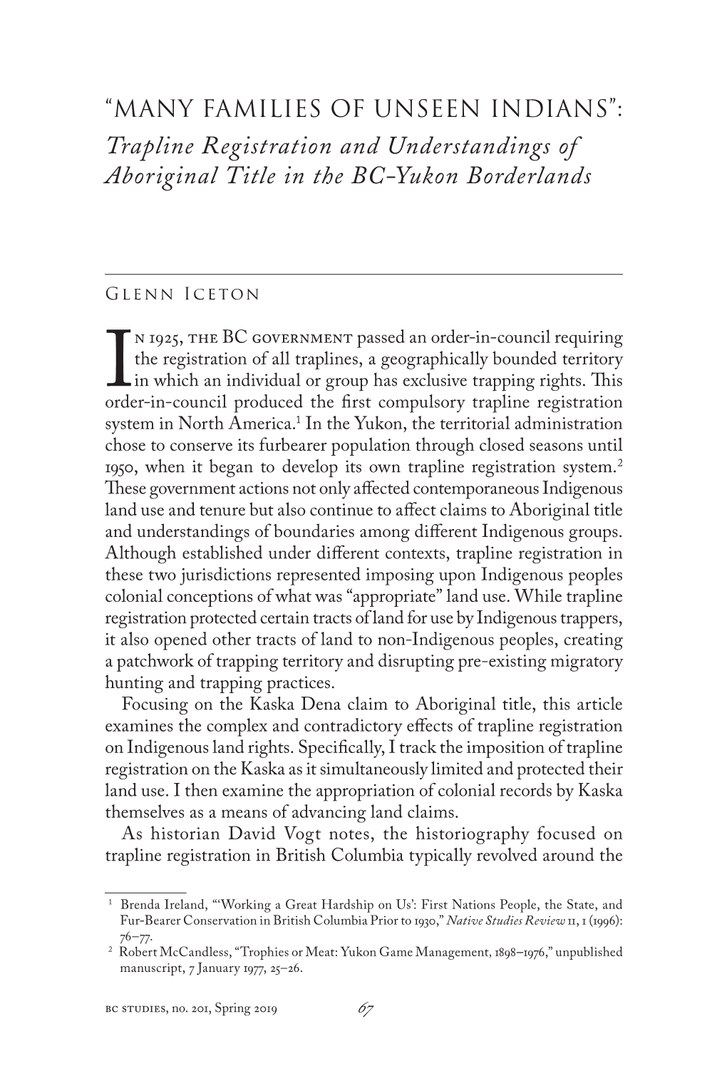 Trapline Registration and Understandings of Aboriginal Title in the BC-Yukon Borderlands