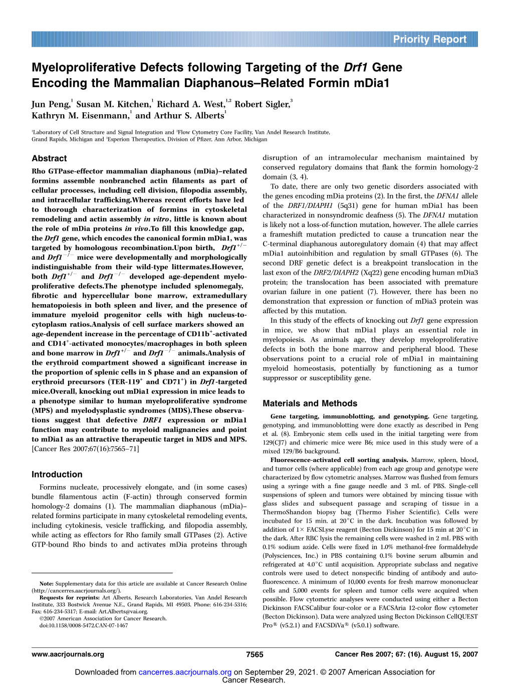 Myeloproliferative Defects Following Targeting of the Drf1 Gene Encoding the Mammalian Diaphanous–Related Formin Mdia1