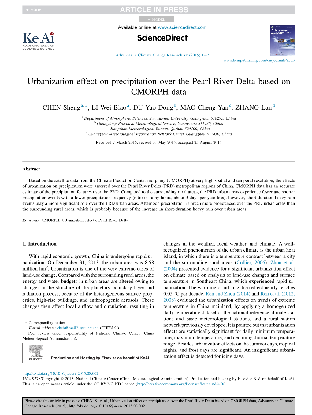 Urbanization Effect on Precipitation Over the Pearl River Delta Based on CMORPH Data