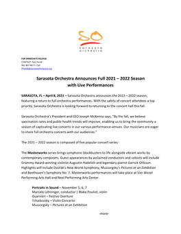 Sarasota Orchestra Announces Full 2021 – 2022 Season with Live Performances