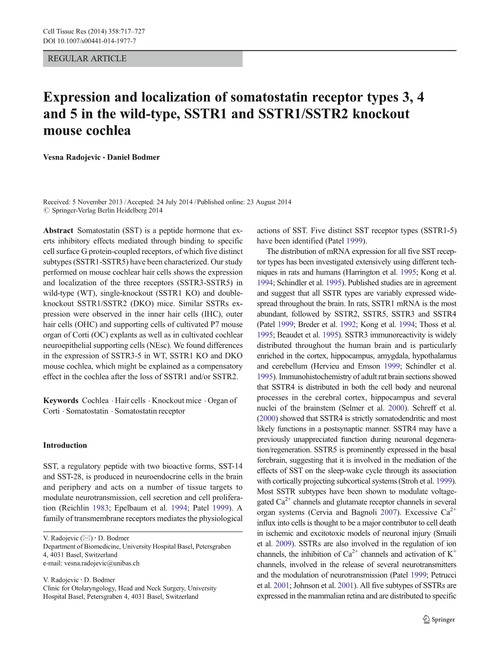 Expression and Localization of Somatostatin Receptor Types 3, 4 and 5 in the Wild-Type, SSTR1 and SSTR1/SSTR2 Knockout Mouse Cochlea